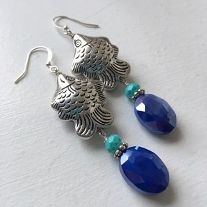 Long Silver Fish Earrings Turquoise Blue Crystals